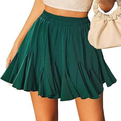 A-line high waist pleated mini skirt in dark green with elastic waist.