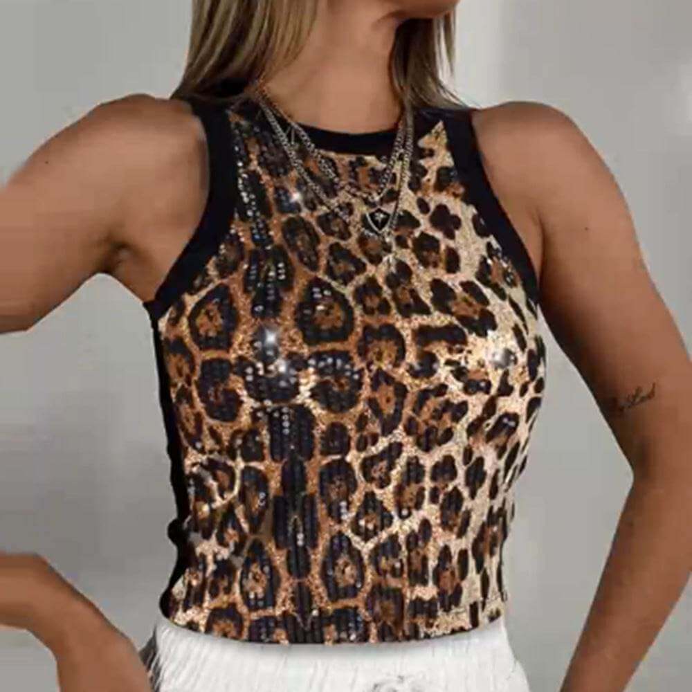 Cropped sleeveless sequin leopard print vest in black and brown with slim fit design.