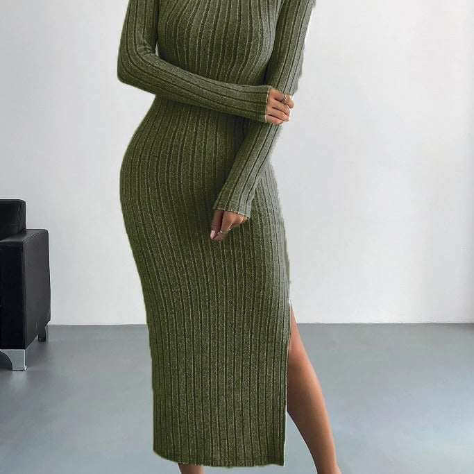 Elegant full-length knitted dress for women in Army Green, featuring a hip skirt style and long sleeves.