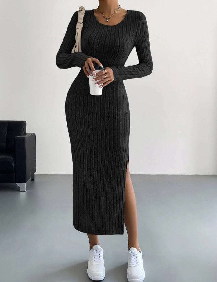 Full length knit ladies dress in black, elegant hip skirt style.