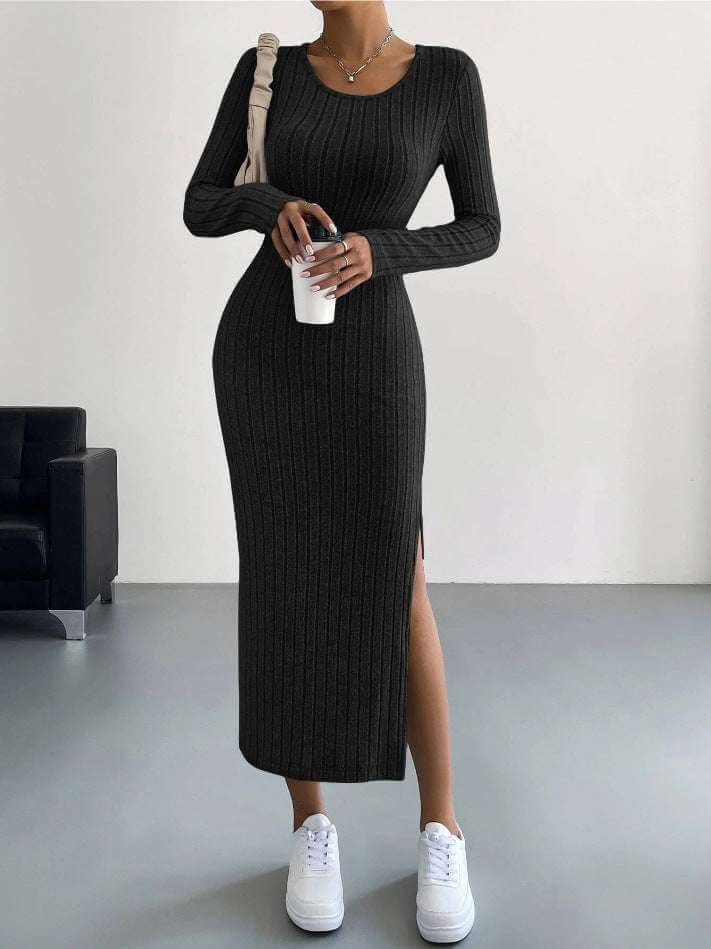 Full length knit ladies dress in black, elegant hip skirt style.