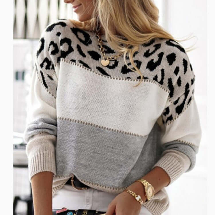 Colorblock Leopard Print Round Neck Casual Sweater Women's Clothing