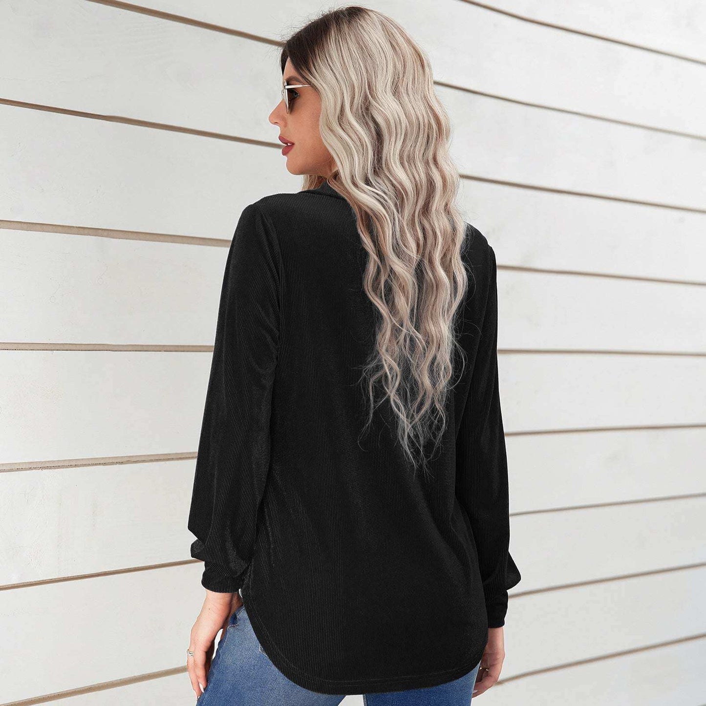 Women's black velvet striped long sleeve shirt with a high collar and single-breasted design.