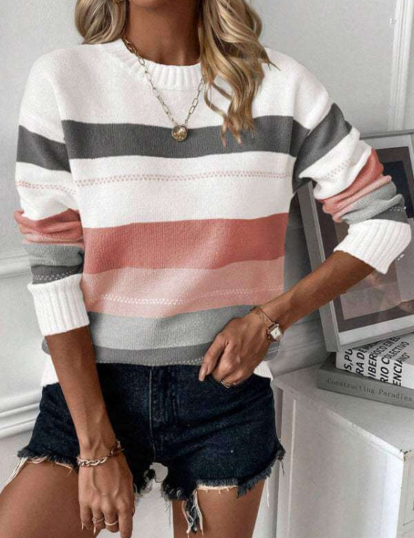 Casual contrast color striped knitted long sleeve sweater in gray, burgundy, and rose red.