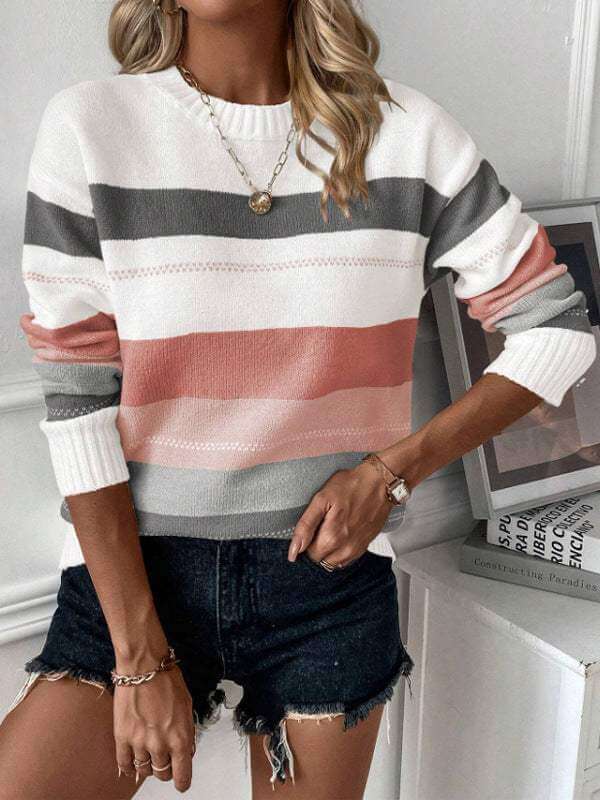 Casual contrast color striped knitted long sleeve sweater in gray, burgundy, and rose red.