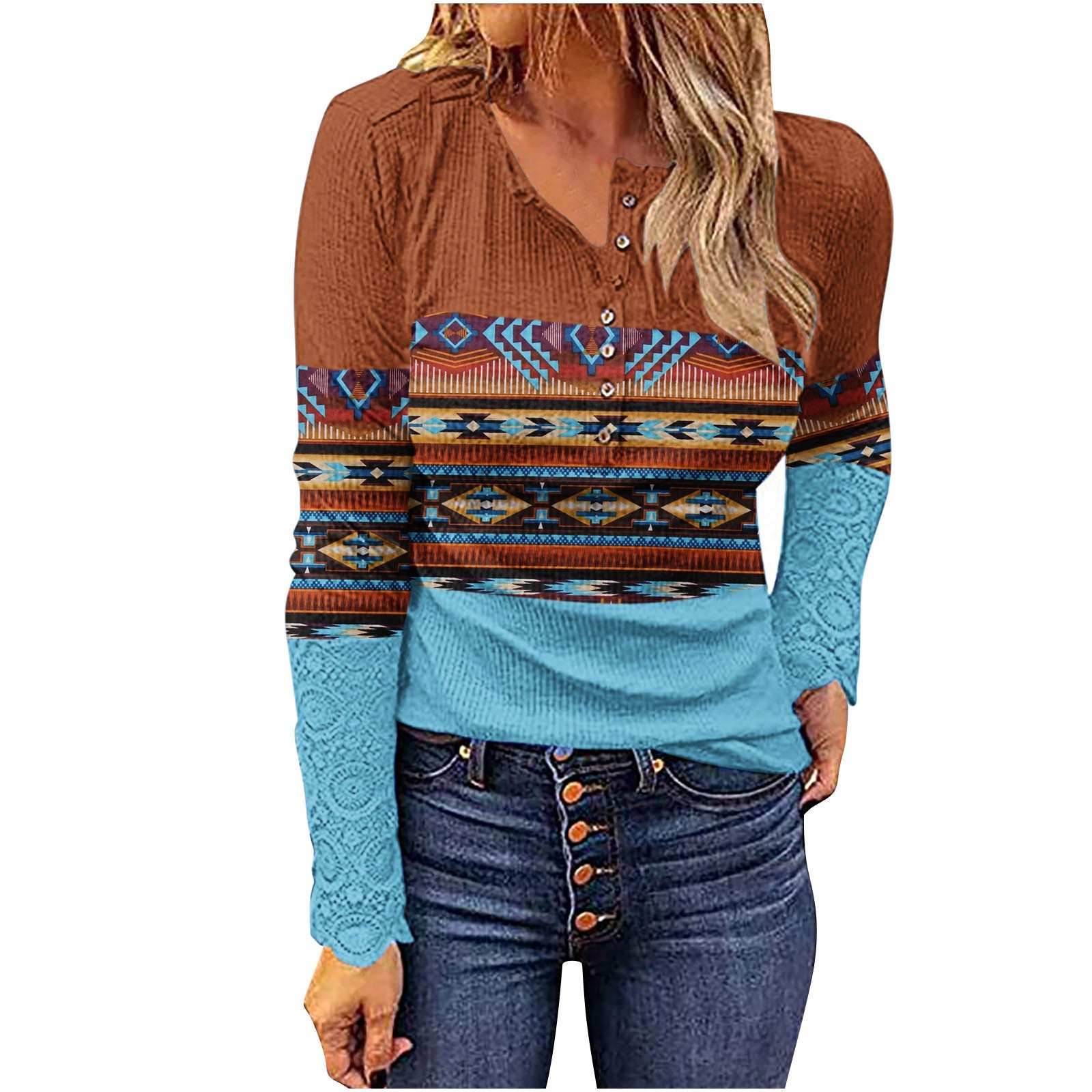 Western European and American style knitwear with geometric patterns, V-neck, and long sleeves in multicolor design.