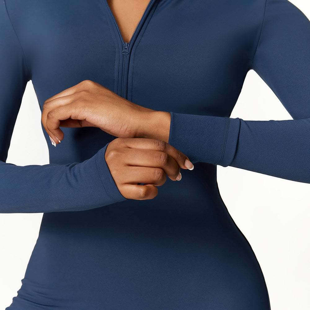 Warm zipper long-sleeved jumpsuit in blue, yoga fitness sportswear.