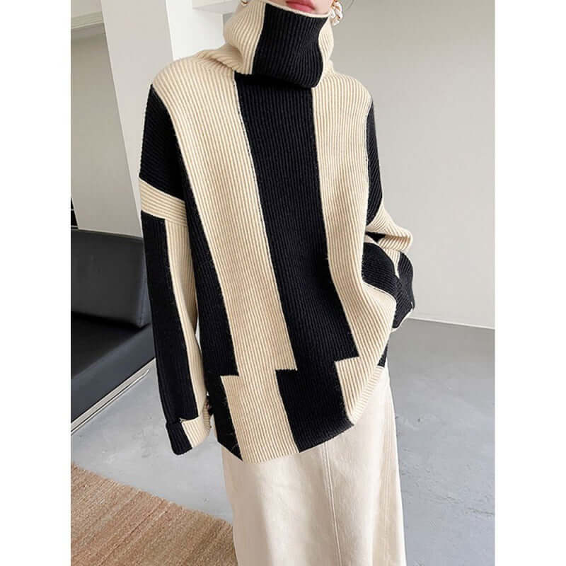 Idle Style Turtleneck Pullover Black And White Striped Sweater For Women