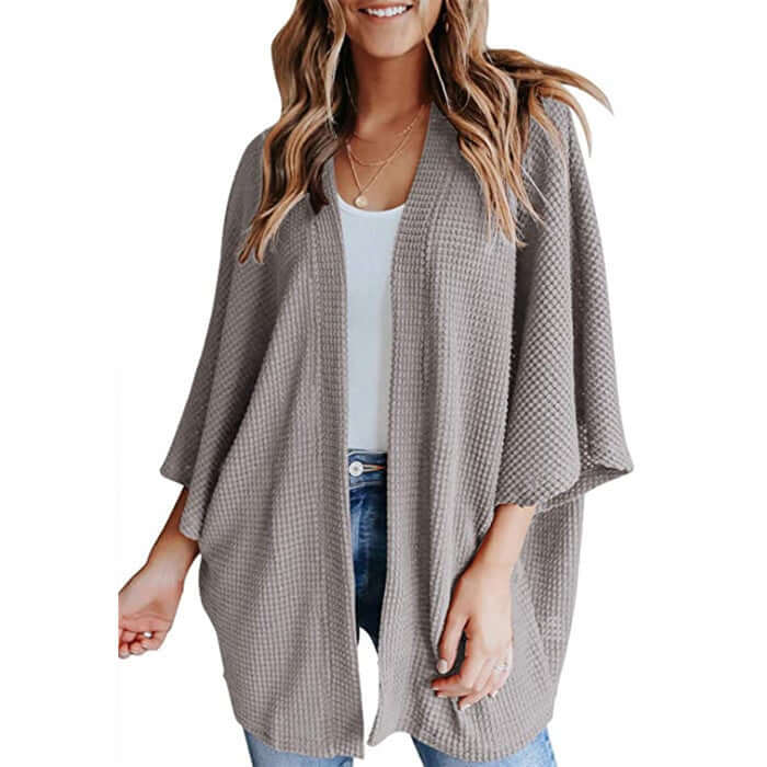 Bat Sleeve Waffle Gerson Women's Cardigan in gray, V-neck, loose fit, seven-point sleeves.