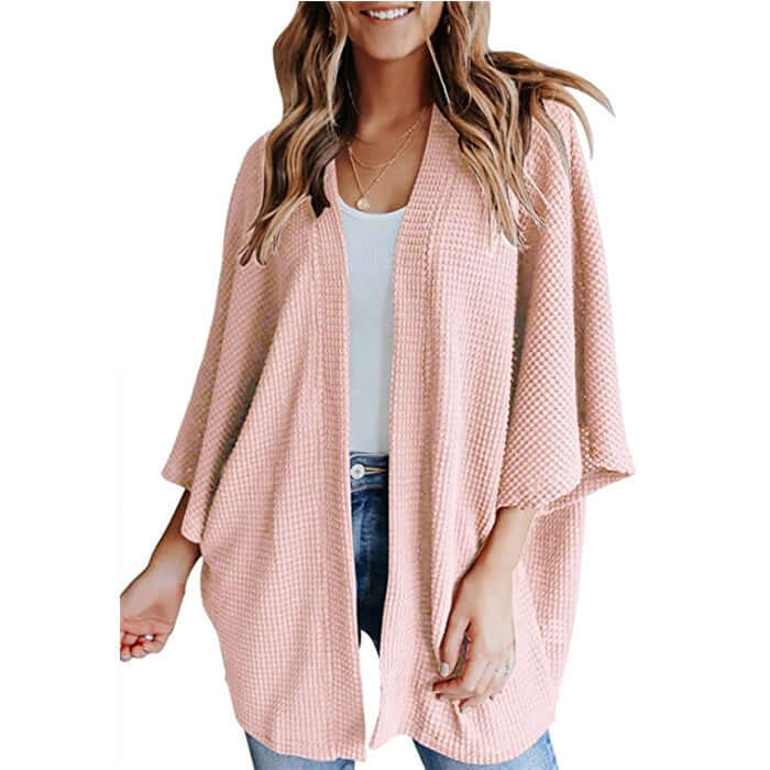 Bat Sleeve Waffle Gerson Women's Cardigan in pink, V-neck loose fit.