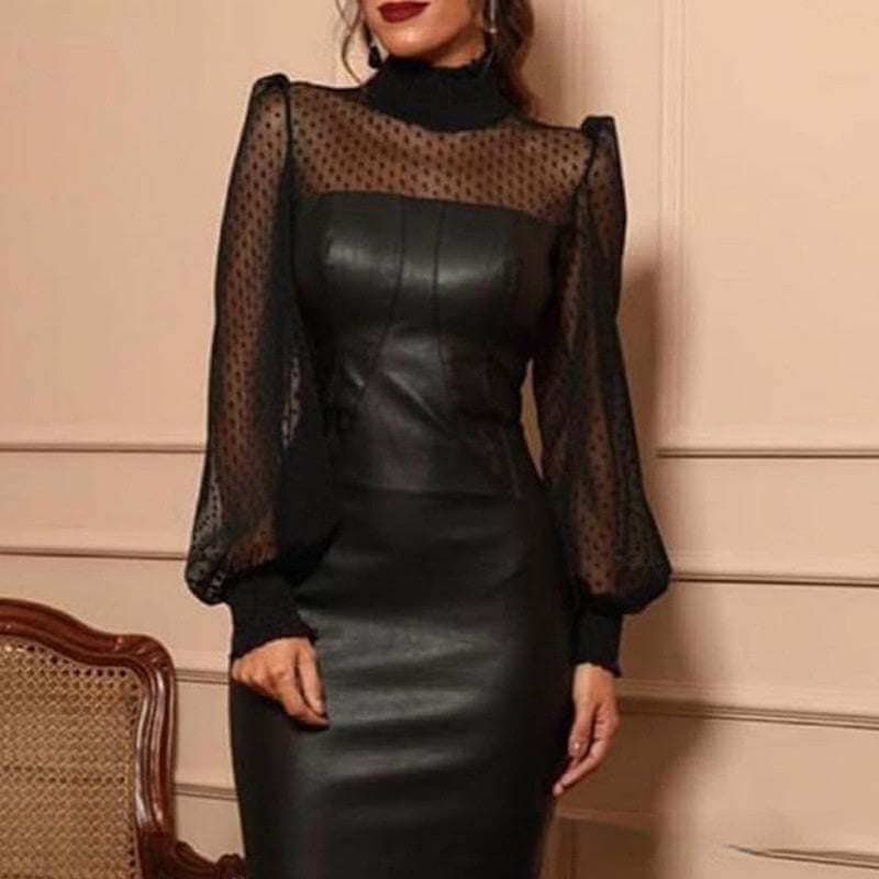 Black Mesh Stitching Tight Leather Skirt