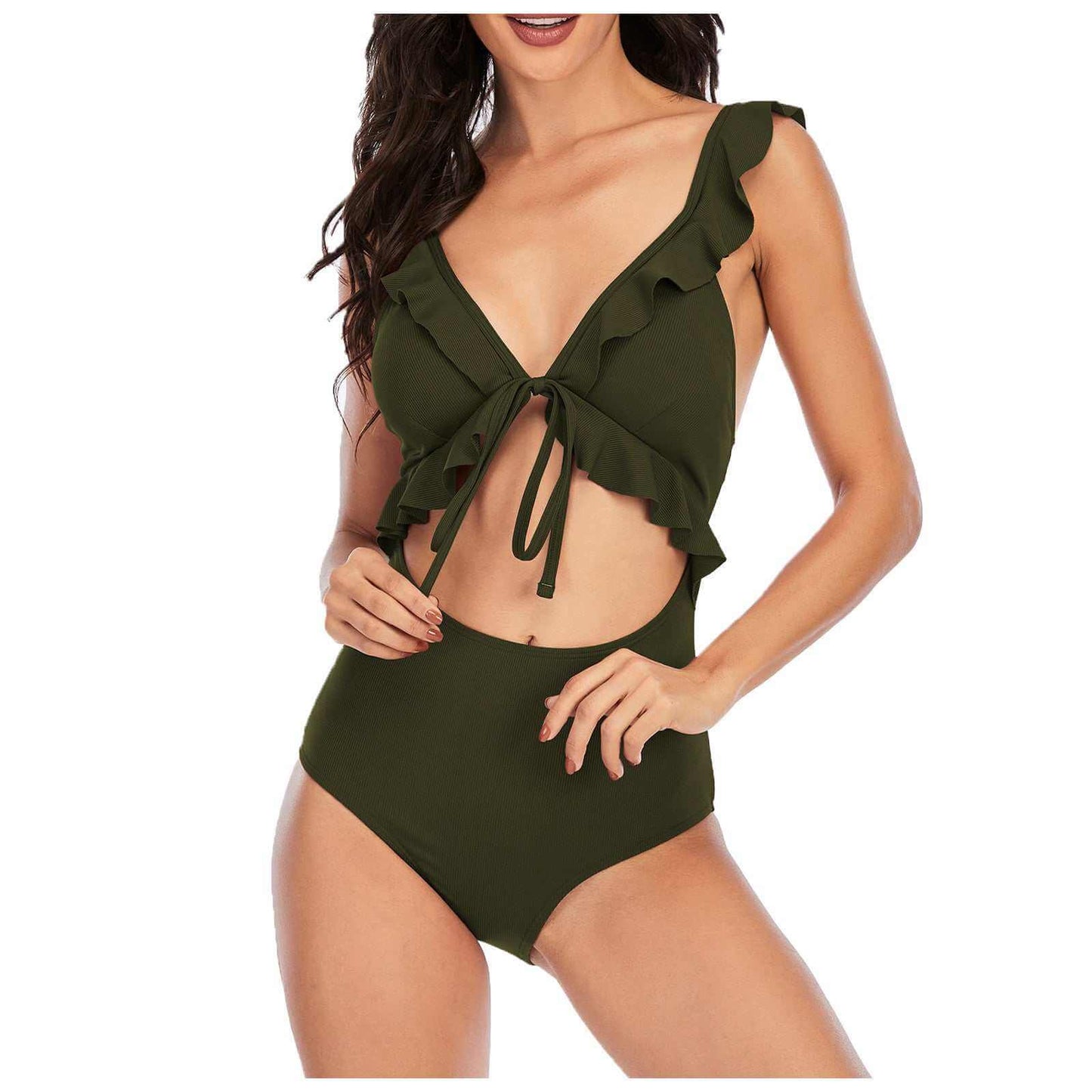 Women's solid color triangle bikini, sleeveless with chest pad, nylon fabric, available in S-XL, shown in Army Green.