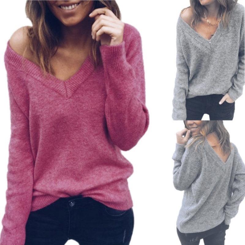 Women's large V-neck long sleeve sweater in pink and gray, loose fit, pullover style, cotton fabric.