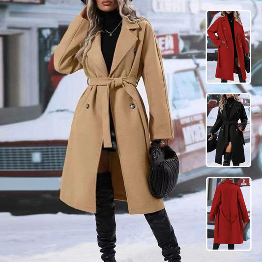 Women's double-breasted long trench coat with belt in khaki, black, and red colors.