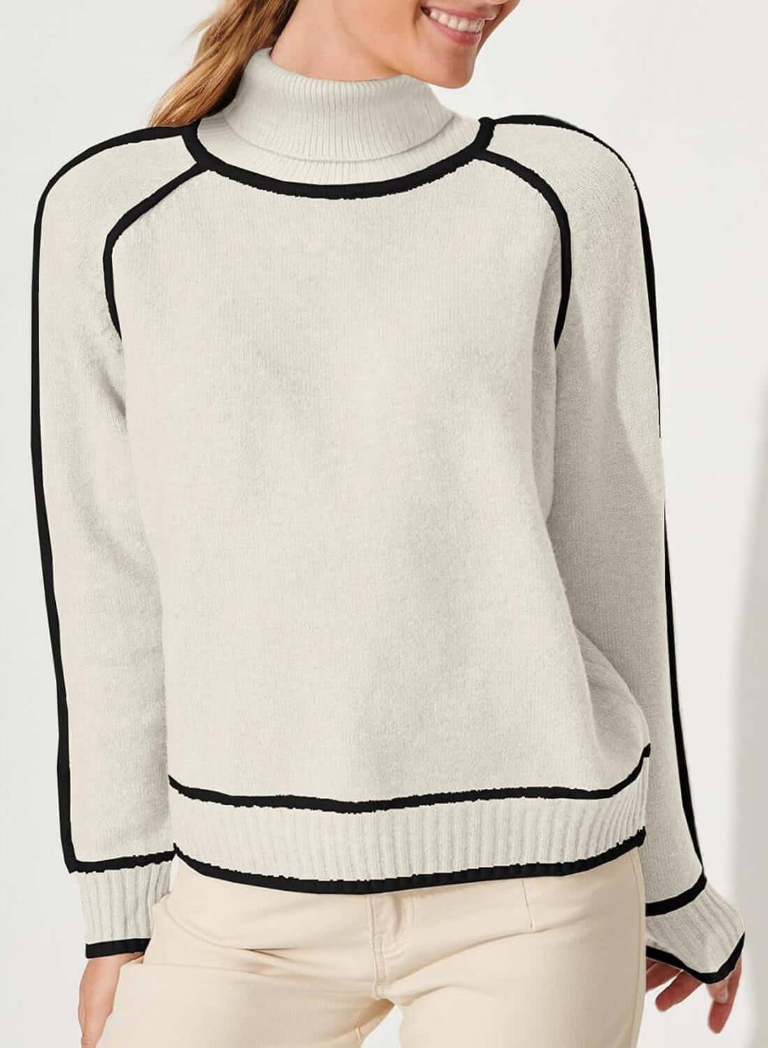 Casual women's high-necked knit top in light beige with black trim, perfect for autumn and winter wear.