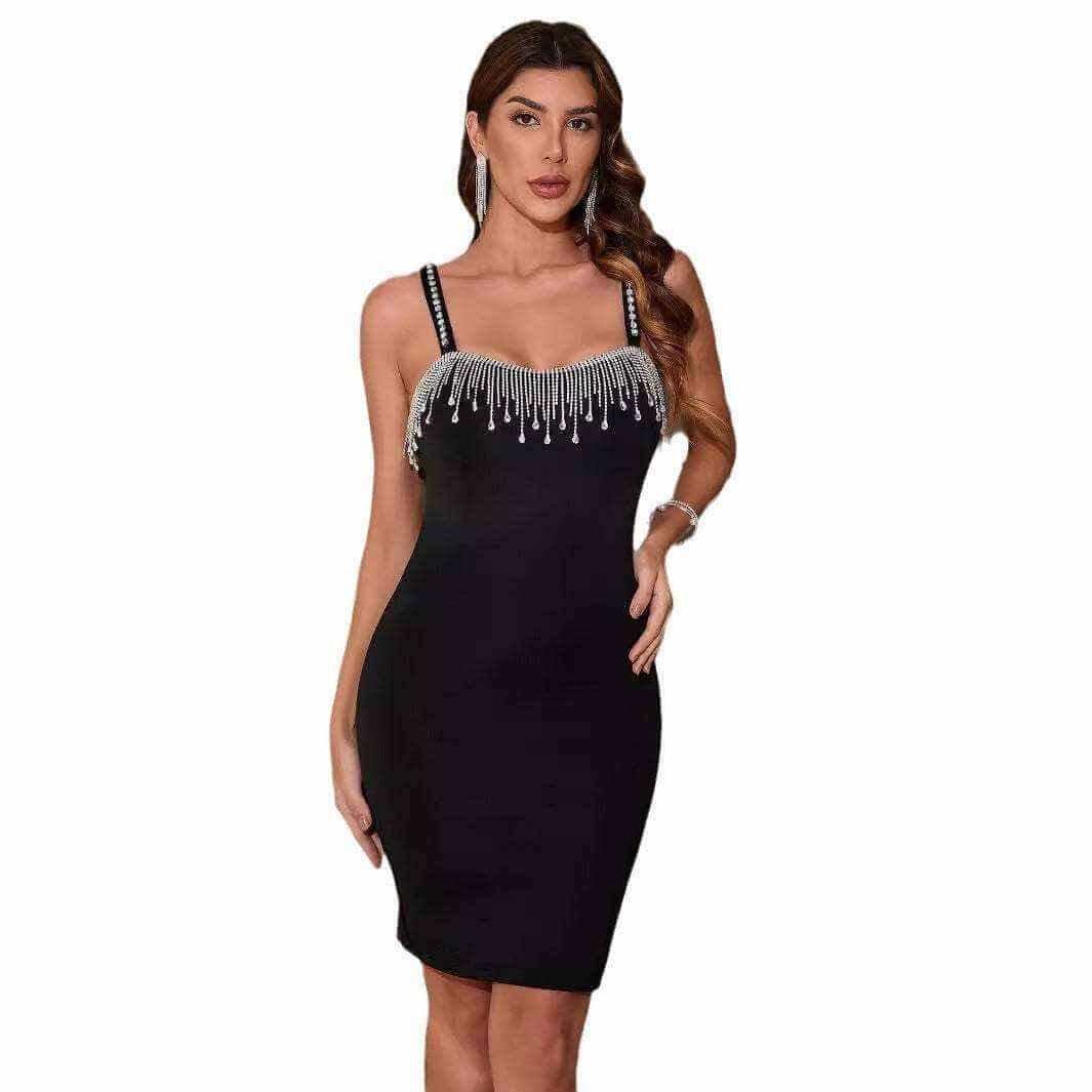 Black diamond tassel tea dress with high waist and sling style.