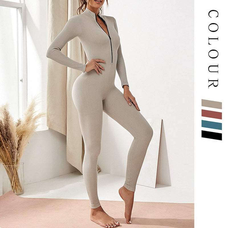 Seamless long sleeve zipper yoga bodysuit in various colors for women.