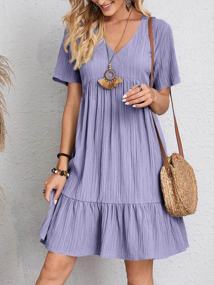 V-neck Short Sleeve Dress Summer Fashion Casual Loose Ruffled Dresses Beach Clothing Women