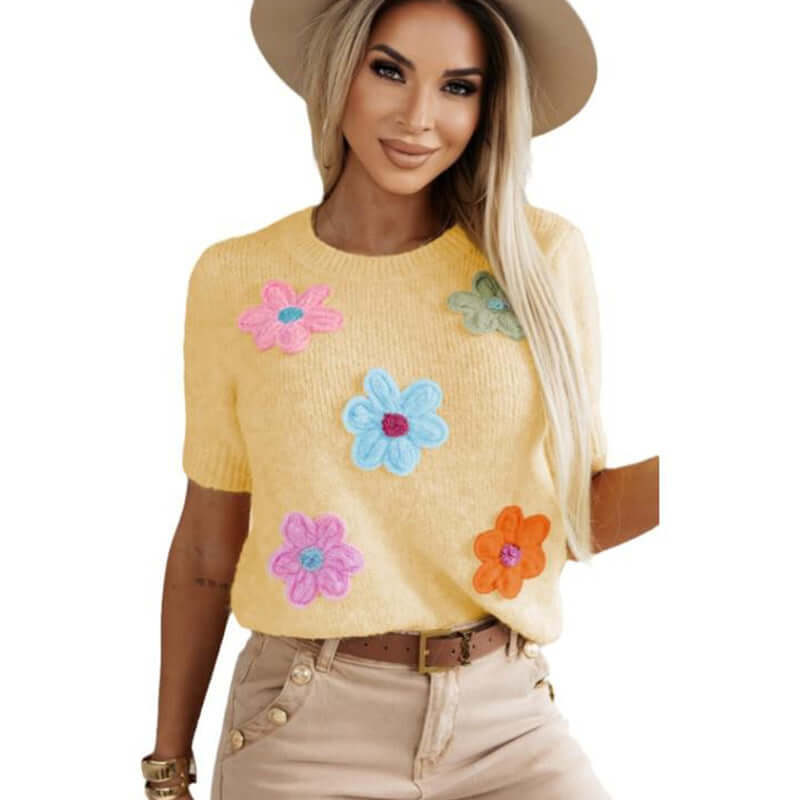 Three-dimensional Flower Decoration Half-sleeve Top European And American Commuters' Knitted