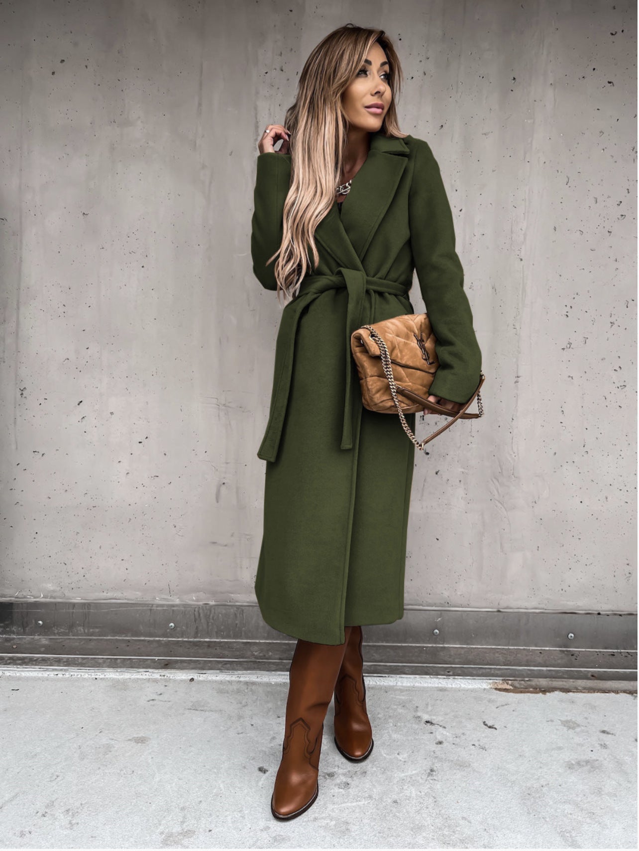 Woolen Coat Simple Fashion V-neck Lace Up Long Coat For Women