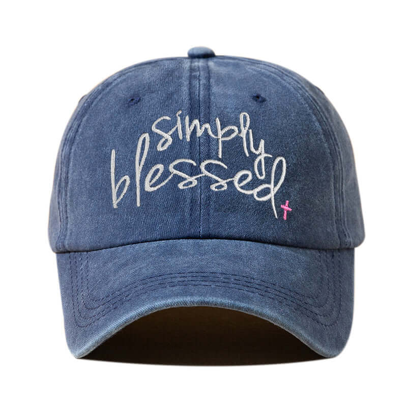 Simply Blessed wide brim sunshade embroidered letter baseball cap in navy blue cotton.