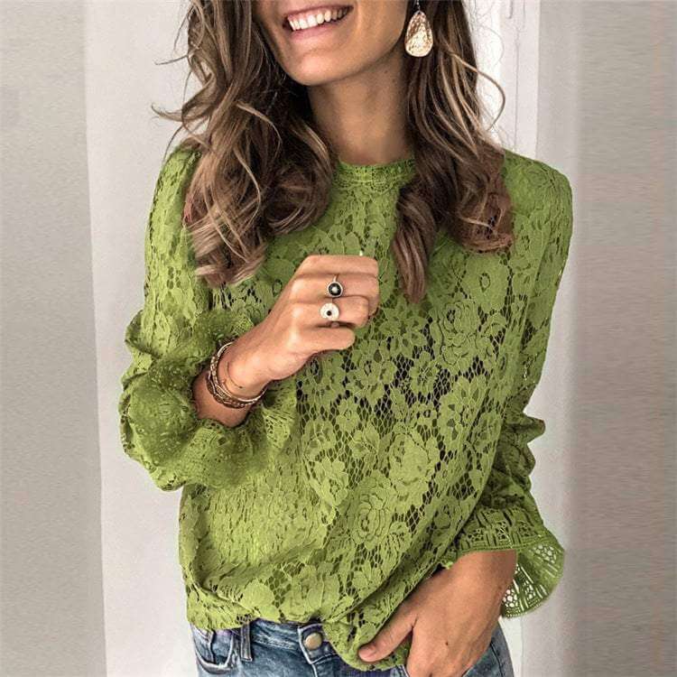 Hollow lace shirt in green, women's clothing, round neck, long sleeves.