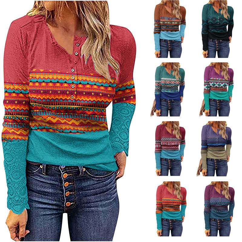 Women's V-neck knitwear with geometric patterns in multiple colors, featuring long sleeves and button details.