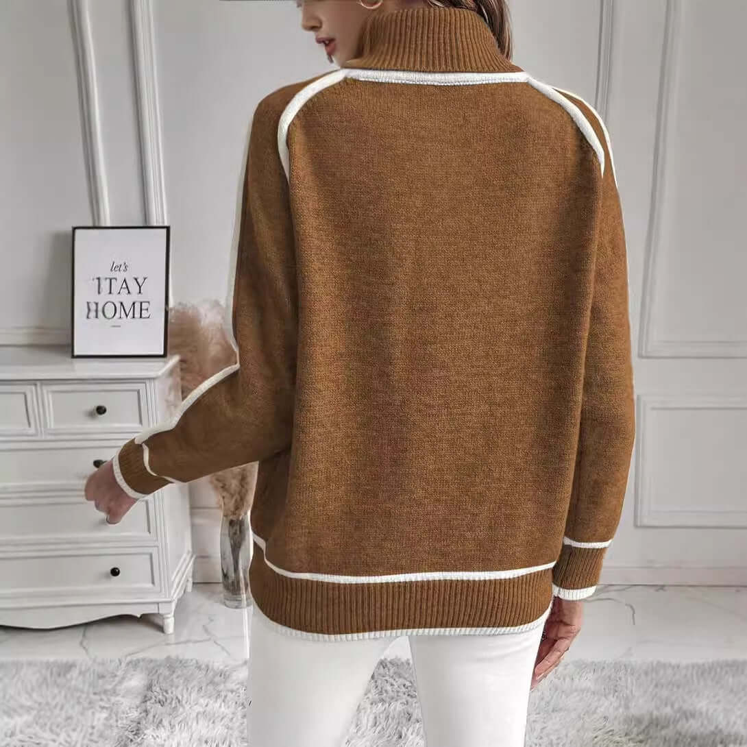 Casual women's high-necked knit top in brown with white accents, perfect for autumn and winter wear.