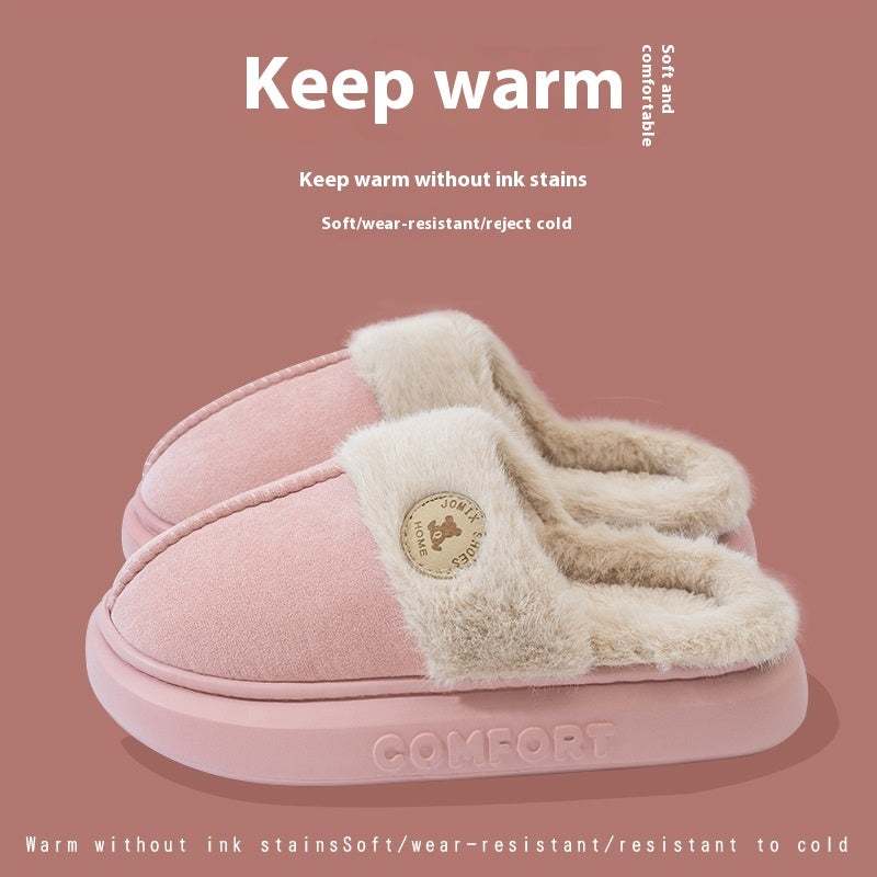 Plush winter slippers with thick soles and fleece lining for warmth and comfort.