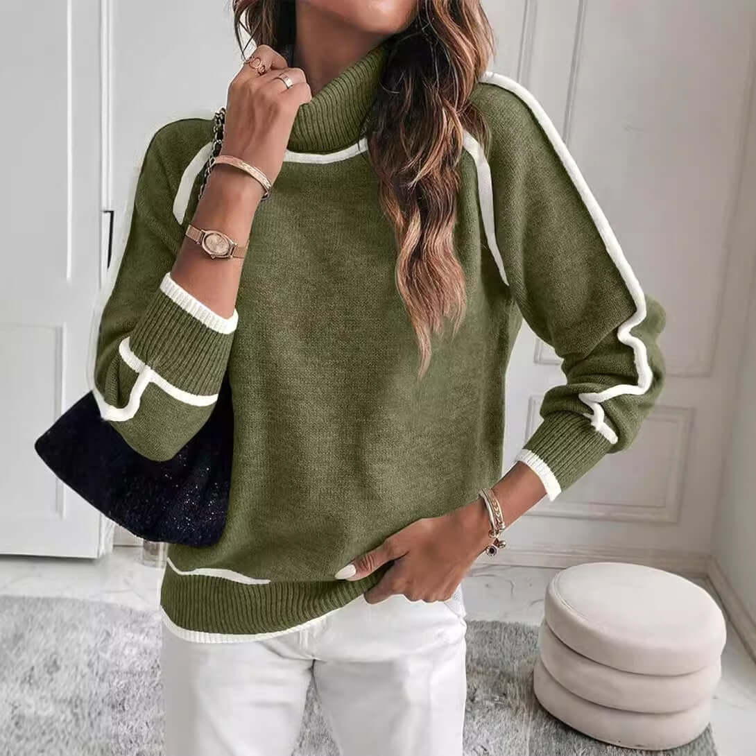 Casual women's high-necked knit top in olive green with white detailing, perfect for autumn and winter fashion.