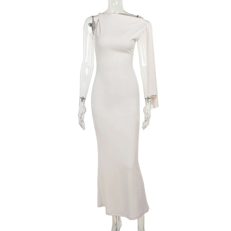 Elegant sexy sheath dress for women in light apricot color with ribbon detail.