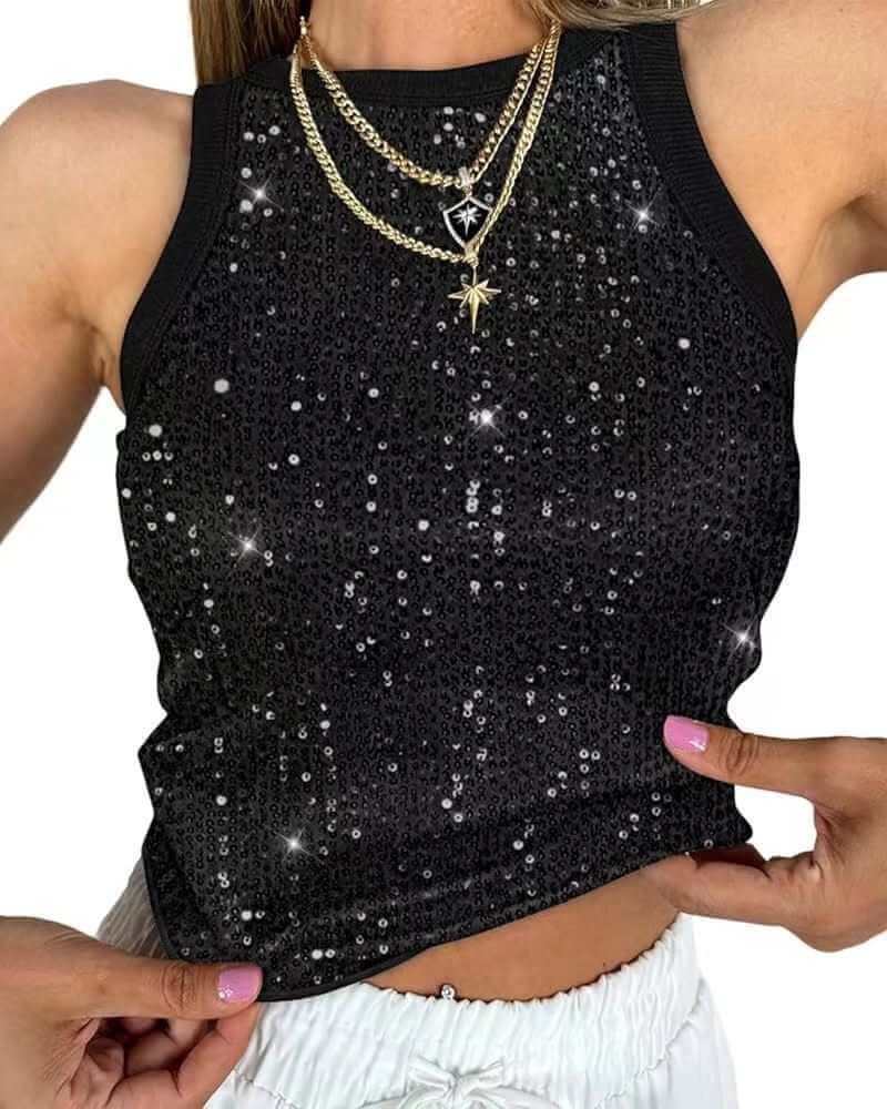 Cropped sleeveless sequin leopard print vest in black, slim fit, street fashion style.