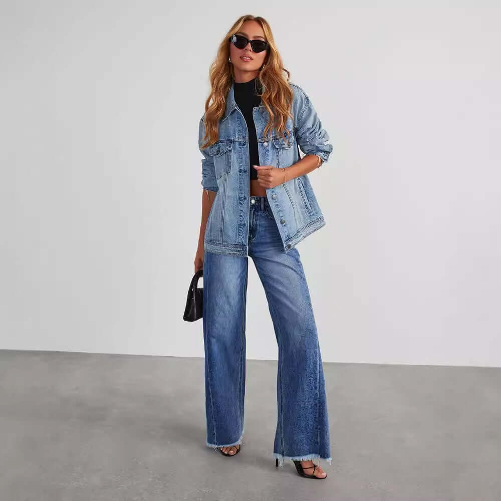 Loose casual straight-leg wide leg denim pants for women with matching denim jacket.