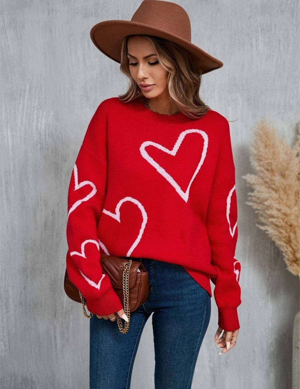 Female With Hearts Valentine's Day Pullover Big Peach Heart Contrast Color Sweater