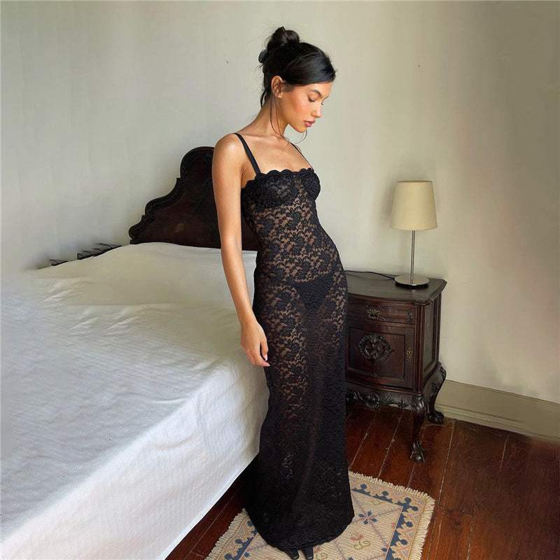 Fashion off-neck see-through lace black slim fit dress in mid-length, street style.