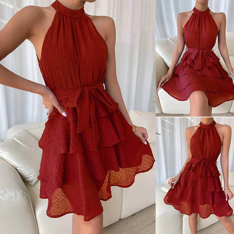 Elegant red halterneck sleeveless ruffle dress with mid-waist, polyester fabric.