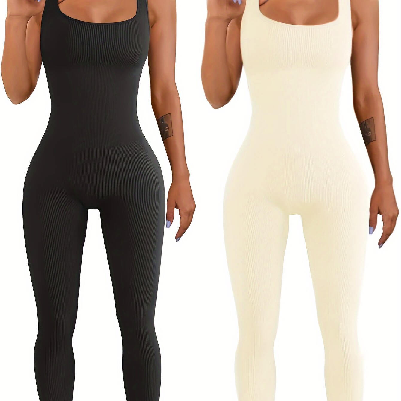 Women's long sleeve suspender tank top tights in black and cream, featuring button details and spandex fabric.