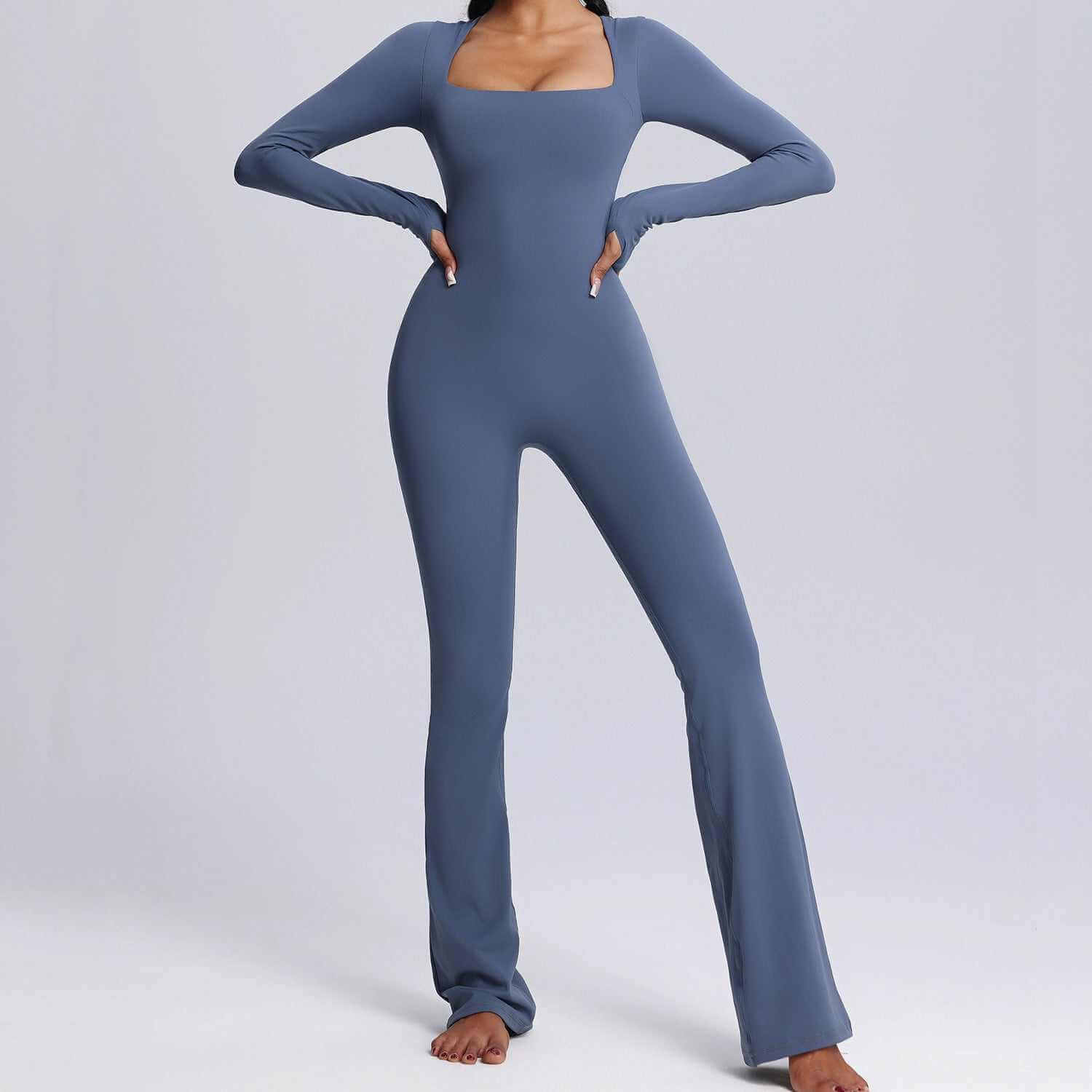 New Square Neck Long-sleeved Jumpsuit Yoga Fitness Sports Flared Pants Breathable Bodysuit Women's Clothing